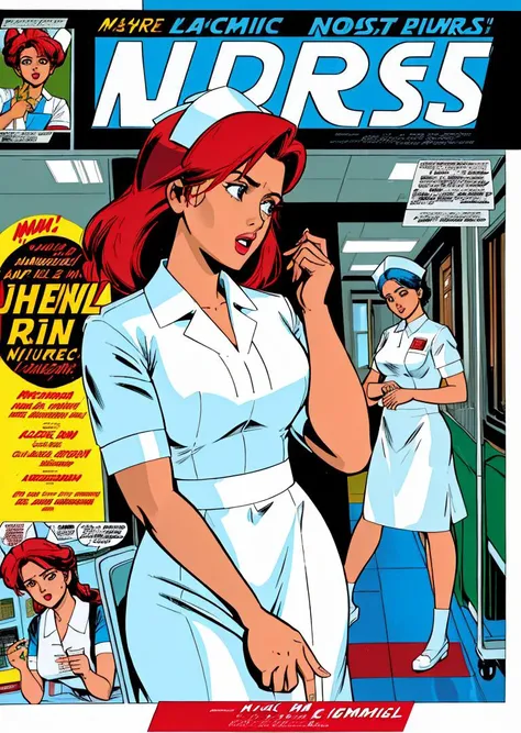 nursecomics, comic book page, nurses treating patients, diverse characters, action, Terence Hill, romance, hospital, cover art, <lora:nursecomics:1>