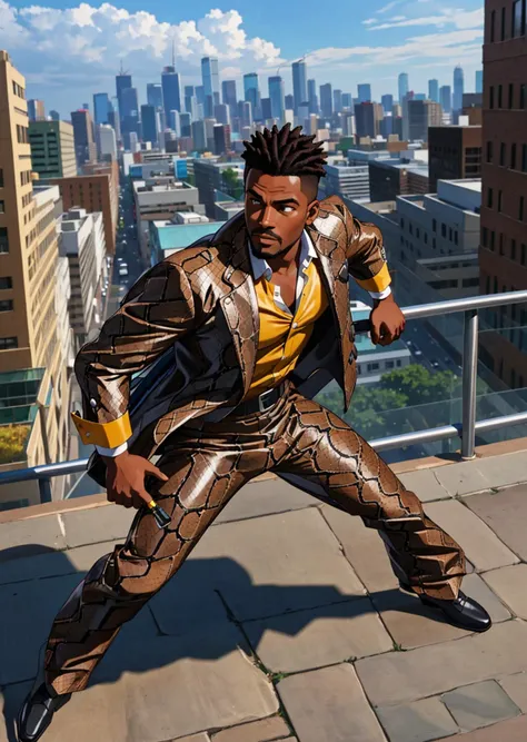 full shot, action pose, black african man, wearing a brown designer snakeskin business suit, city streets in background, carrying a snakeskin briefcase, <lora:snakeskin_clothes:1>