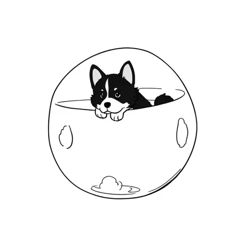 minima2023, centred, black and white illustration, sketch, white background, negative space, line art, simple drawing, cartoon dog