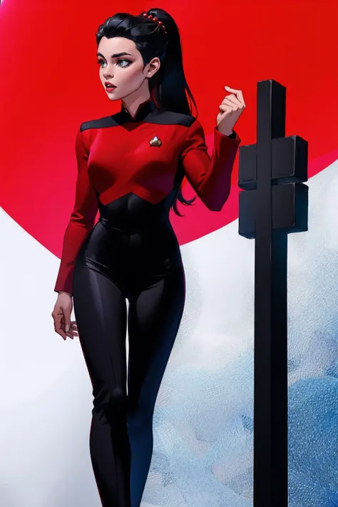 woman in red and (black:1.1) s3stngunf uniform<lora:STNGV3new:0.8>