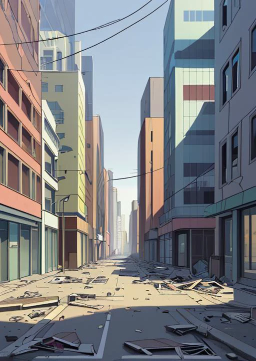 illustration of a city street during the day, abandoned, broken windows,