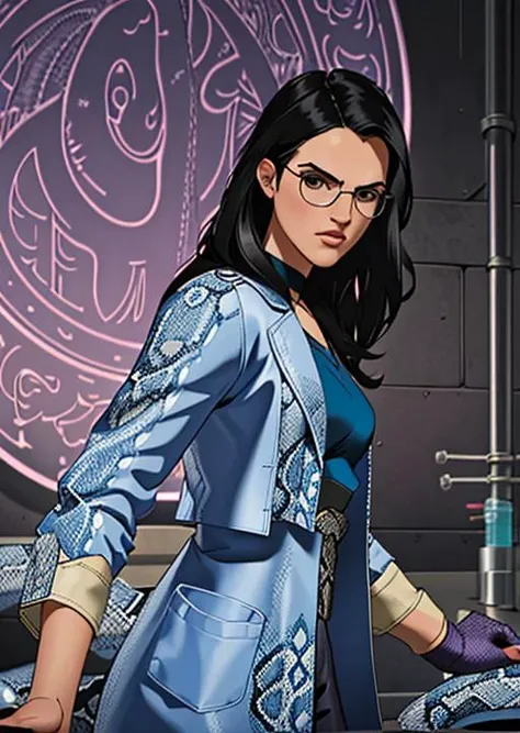 a woman [kat1emcgrath-135] wearing a (snakeskin lab coat:1.1) is working in a laboratory, purple surgical gloves, high detail illustration, angry, a comic book panel, nuclear art, 1girl, black hair, black glasses, building, depth of field, focused,  long hair, long sleeves, outstretched arm, laboratory equipment,  <lora:snakeskin_clothes:1>