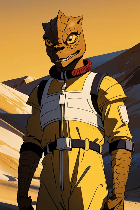 trandoshan alien,yellow jumpsuit,red collar,white and black armor,on a desert<lora:Trandoshan:0.8>