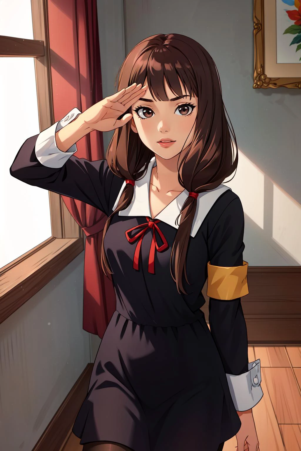 (masterpiece, best quality), intricate details,
1girl, <lora:iino_miko_v1:0.8> bbmiko, long hair, low twintails, blunt bangs, collarbone, neck ribbon, red ribbon, black dress, black shirt, long sleeves, black sleeves, armband, black pantyhose, aamiko, long hair, low twintails, blunt bangs, collarbone, neck ribbon, red ribbon, pinafore dress, short sleeves, armband, black pantyhose
standing, salute, military base,