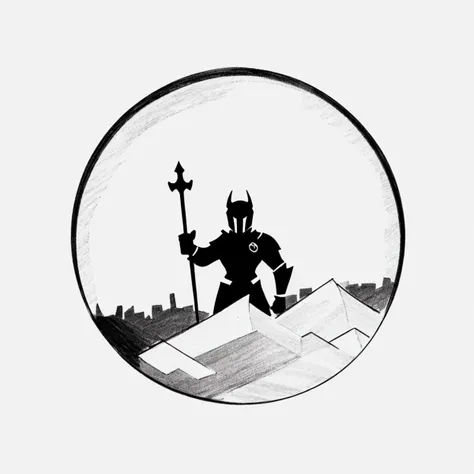 minima2023, centred, black and white illustration, sketch, white background, negative space, line art, simple drawing, cartoon knight,
