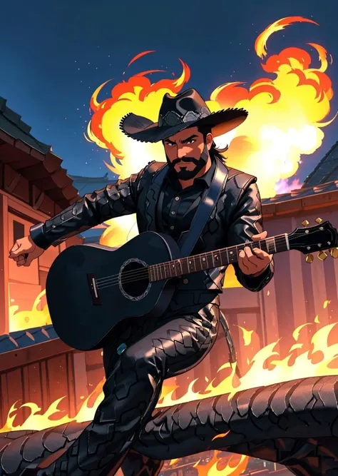 full shot, action pose, latin man with black hair, short beard stubble, wearing a black snakeskin mariachi costume and sombrero, rooftops in background, dynamic perspective, holding a flaming guitar, <lora:snakeskin_clothes:1>