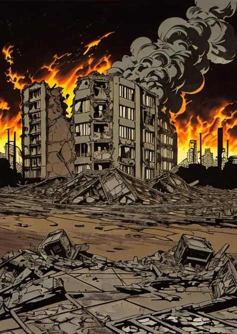 comic book illustration by jim steranko, landscape of bombed out WWII city, desolate, crumbling buildings, dirt road, flames and smoke in background, <lora:jimsterankov2:1>