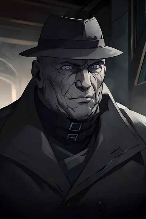 best quality, RAW photo, intricate details, best quality, 8k uhd, soft lighting, 1boy, solo, bald, hat, beard, old man, black coat, grey eyes, <lora:mr._x-000003:0.7>,