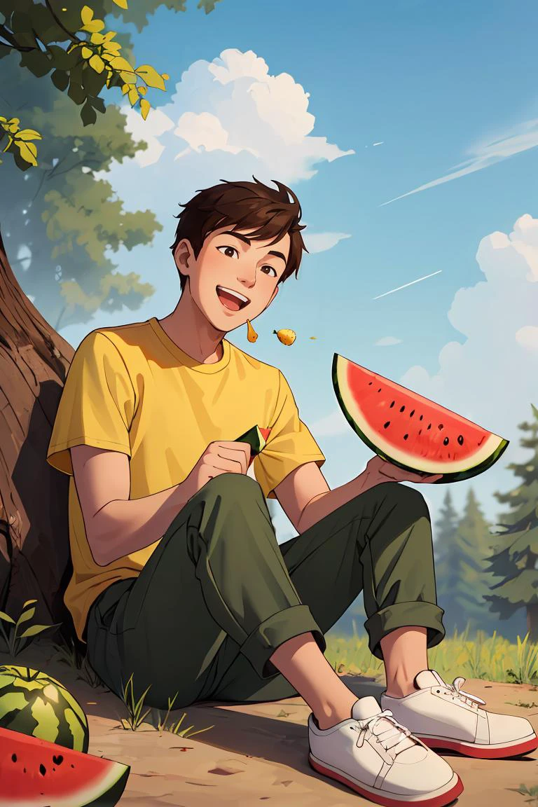 masterpiece,best quality,ruit,1boy,solo,eating,holding watermelon,male focus,brown hair,yellow shirt,pants,holding,open mouth,sitting ground,smile,short sleeves,white footwear,sky,forest,dog,(more Cut Watermelon:1.0),<lora:GoodHands-vanilla:1>,