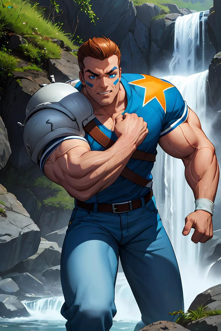 strong muscles,BrianBattler, 1guy, facepaint, blue jersey, chest belt, denim pants, shoulder armor, fighting pose, at the waterfall, looking to viewer, natural lighting, detailed face, detailed eyes, masterpiece, high_res, perfect face, , High detailed, <lora:BrianBattler-byDocStasis:0.8>