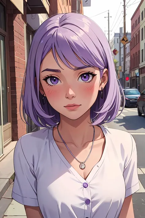 (masterpiece, best quality), intricate details, 1girl, light purple hair, medium breasts, (white shirt with button:1.1), hairpin, necklace, blush, sidewalk, detailed face, (portrait:1.4)