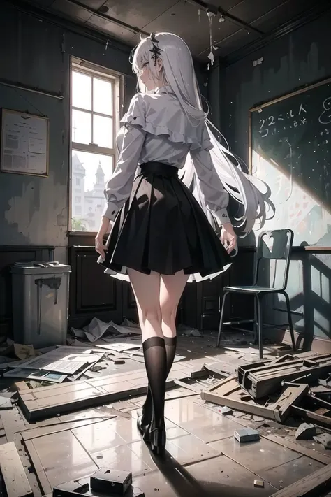 masterpiece, best quality, view from behind, view from below, cowboy shot, 1girl, large breasts, fit body, white hair, long hair, walking in the hall way, looking away,
white blouse, black plate skirt, black socks, black shoes,
 <lora:abandoned school_v1:0.35> ruanyi056, broken window, blackboard, debris, in the abandoned school,