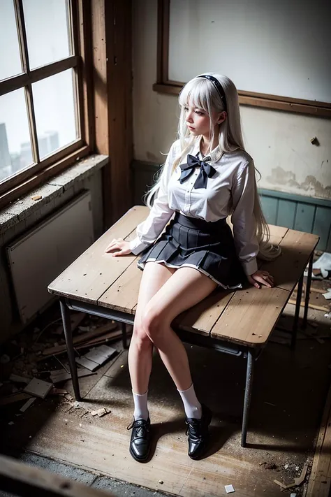 masterpiece, best quality, view from above, 1girl, large breasts, fit body, white hair, long hair, sitting on the table, looking away,
white sailor fuku, black plate skirt, black socks, black shoes,
<lora:abandoned school_v1:0.25> ruanyi056, broken window, blackboard, debris, classroom, in the abandoned school,