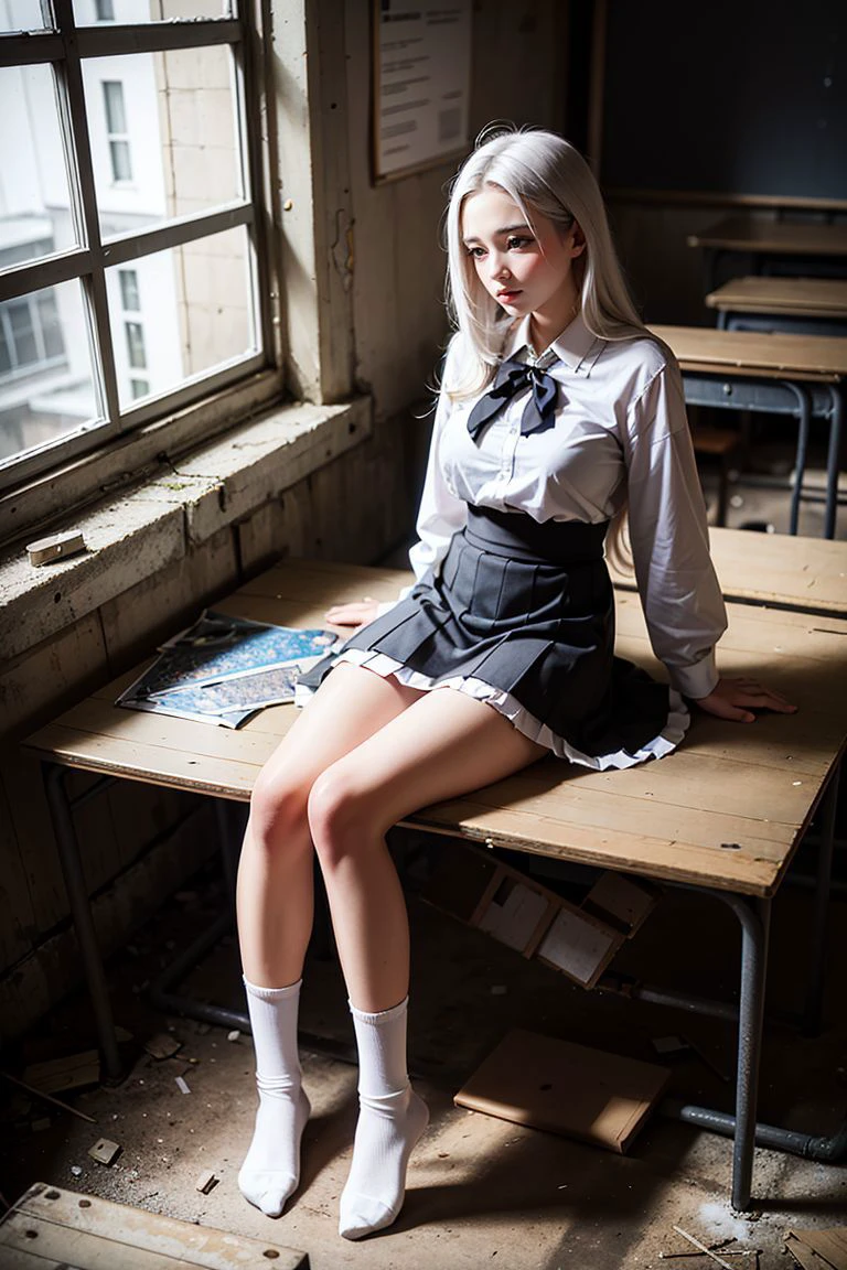 masterpiece, best quality, view from above, 1girl, large breasts, fit body, white hair, long hair, sitting on the table, looking away,
white sailor fuku, black plate skirt, black socks, black shoes,
<lora:abandoned school_v1:0.25> ruanyi056, broken window, blackboard, debris, classroom, in the abandoned school,