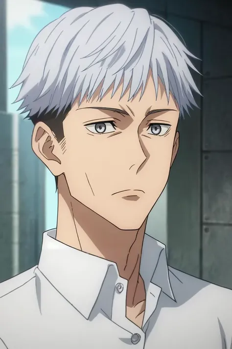 score_9, score_8_up, score_7_up, source_anime, rating_safe, intricate details, anime screencap, , , , upper body, depth of field, 1boy, male focus, silver eyes, white hair, dress shirt,, solo, science fiction social science fiction, <lora:jujutsu_kaisen_style_pony:0.76>, jujutsu_kaisen_style, <lora:sdxl_lightning_8step_lora:1>