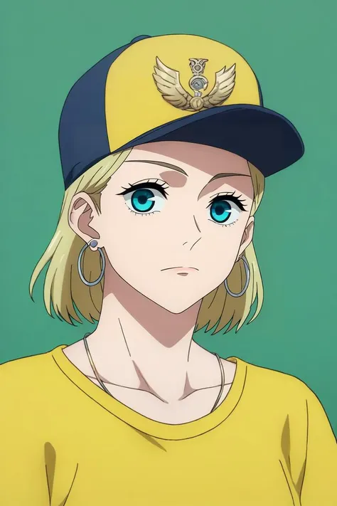 score_9, score_8_up, score_7_up, source_anime, rating_safe, intricate details, , looking at viewer, , , 1girl, aqua eyes, baseball cap, blonde hair, closed mouth, earrings, green background, hat, hoop earrings, jewelry, looking at viewer, shirt, short hair, simple background, solo, upper body, yellow shirt, solo, world war 1, <lora:jujutsu_kaisen_style_pony:0.74>, jujutsu_kaisen_style, <lora:sdxl_lightning_8step_lora:1>