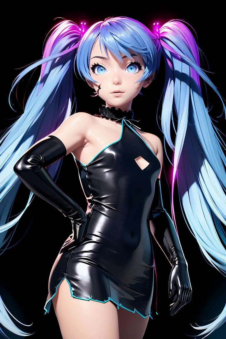 (masterpiece, best quality), 1girl, <lora:1671136471853114913:0.8> Hastune Miku, twintails, black dress, black gloves, elbow gloves, clothing cutout, neck ribbon, blue hair, (gradient hair)