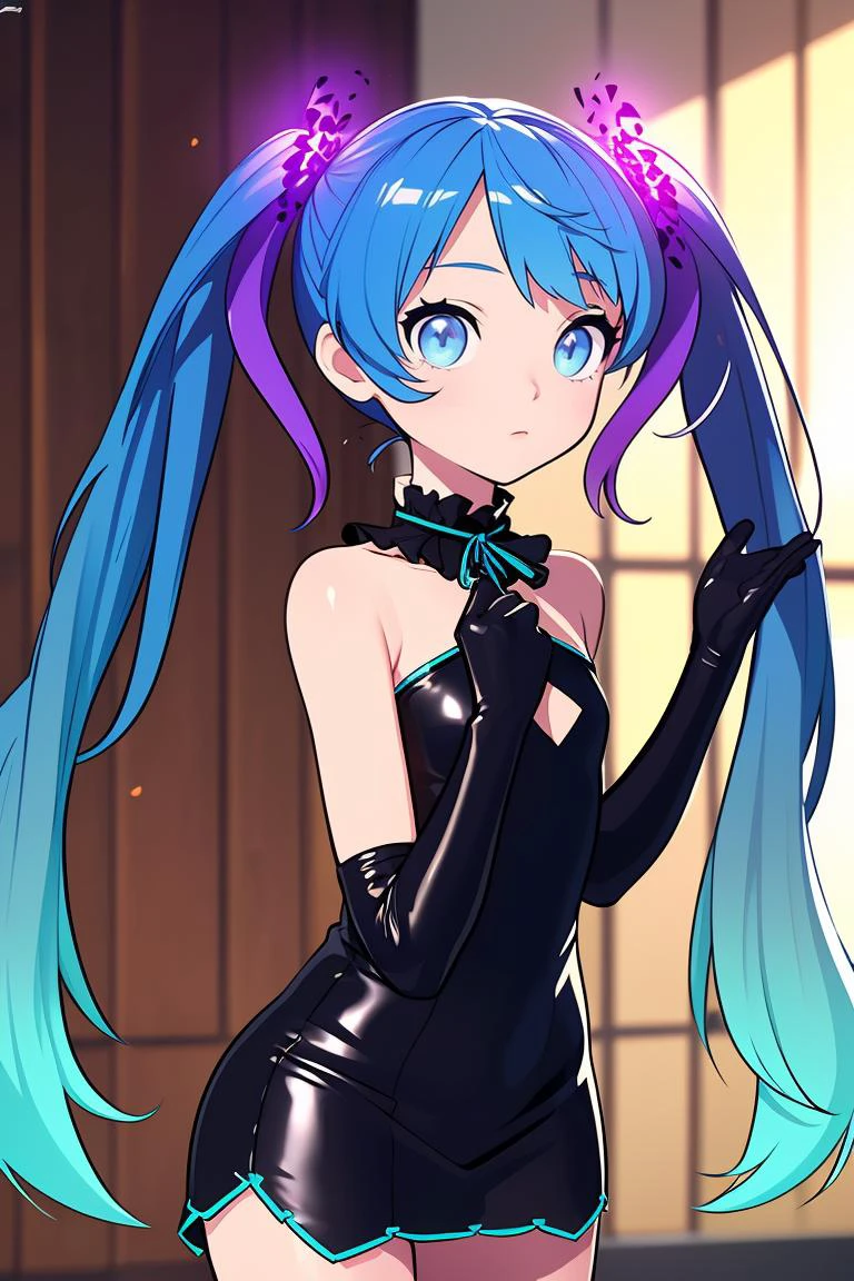 (masterpiece, best quality), 1girl, <lora:1671136471853114913:0.8> Hastune Miku, twintails, black dress, black gloves, elbow gloves, clothing cutout, neck ribbon, blue hair, (gradient hair)