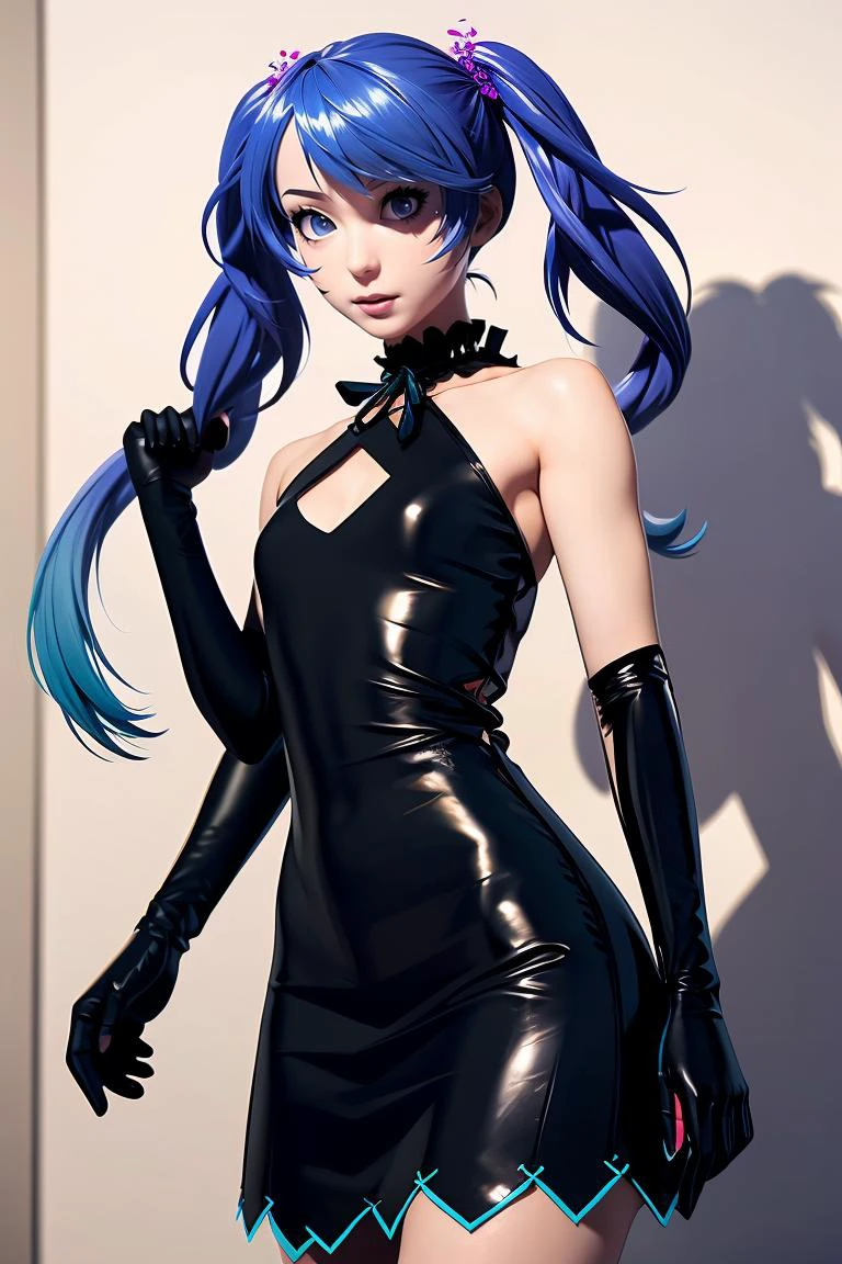 (masterpiece, best quality), 1girl, <lora:1671136471853114913:0.8> Hastune Miku, twintails, black dress, black gloves, elbow gloves, clothing cutout, neck ribbon, blue hair, (gradient hair)