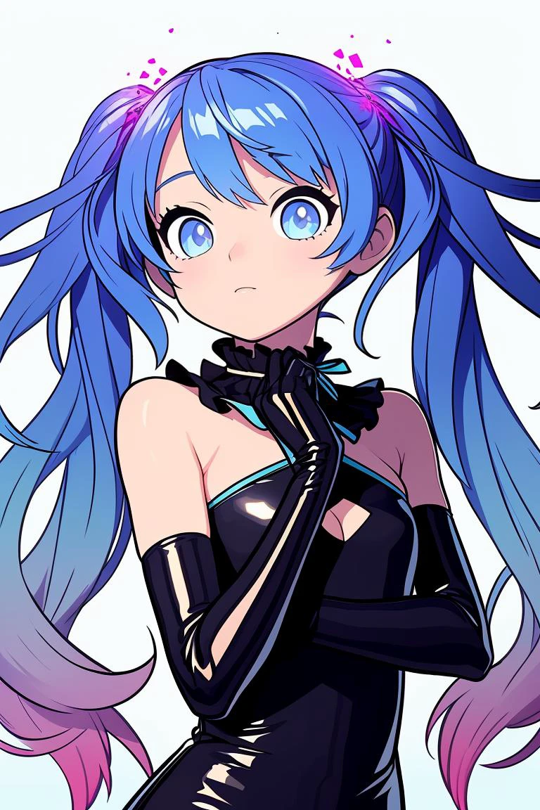 (masterpiece, best quality), 1girl, <lora:1671136471853114913:0.8> Hastune Miku, twintails, black dress, black gloves, elbow gloves, clothing cutout, neck ribbon, blue hair, (gradient hair)