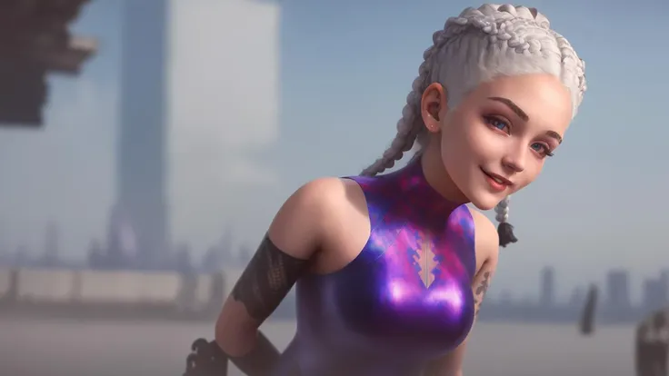 <lora:izanami-10:1> 1girl, Beautiful face, white hair, Urzykstan skyscrapers in the background , purple eyes,twin braids,shoulder tattoo, white hairs, leotard,smile, (insanely detailed, beautiful detailed face,beautiful detailed eyes, masterpiece, best quality)