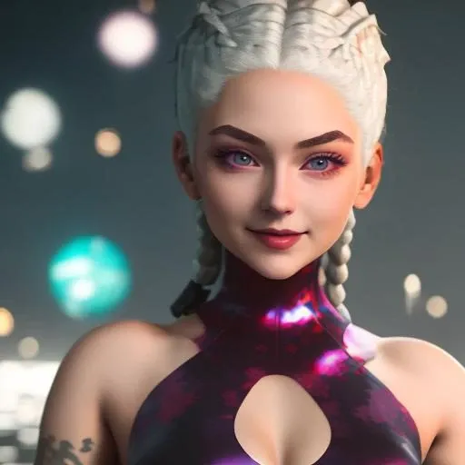 <lora:izanami-10:1> 1girl, Beautiful face, white hair, stands against the backdrop of the night city, purple eyes,twin braids,shoulder tattoo, white hairs, leotard,cleavage,smile, standing,
full length, night city with skyscrappers, (insanely detailed, beautiful detailed face,beautiful detailed eyes, masterpiece, best quality)