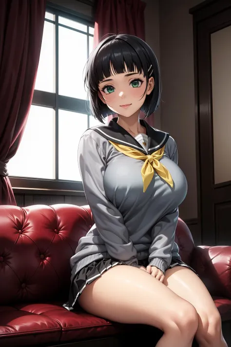 (masterpiece, best quality, unity 8k wallpaper, highres), ambient light, (super_beautiful_detailed hair face eyes mouth skin, slender:1.4), (perfect hands, perfect anatomy), BREAK
 kirigaya suguha, vely-long-sagging breasts, hairclip, thighs, black hair, green eyes, short hair, blunt bangs, bob cut, <lora:suguha_v6_locon:0.6>, BREAK
 school uniform, skirt, pleated skirt, sailor collar, black skirt, serafuku, long sleeves, neckerchief, (gray sweater, sweater:1.2), black sailor collar, yellow neckerchief, BREAK
 1girl, solo, (dynamic angle and pose:1.3), best angle, smile, happy, seductive smile, (luxurious mansion:1.4, indoor:1.2, window:1.3, curtain:1.2, sofa:1.6, sitting:1.3)