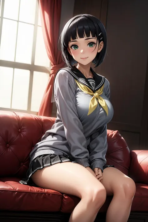 (masterpiece, best quality, unity 8k wallpaper, highres), ambient light, (super_beautiful_detailed hair face eyes mouth skin, slender:1.4), (perfect hands, perfect anatomy), BREAK
 kirigaya suguha, vely-long-sagging breasts, hairclip, thighs, black hair, green eyes, short hair, blunt bangs, bob cut, <lora:suguha_v6_locon:0.6>, BREAK
 school uniform, skirt, pleated skirt, sailor collar, black skirt, serafuku, long sleeves, neckerchief, (gray sweater, sweater:1.2), black sailor collar, yellow neckerchief, BREAK
 1girl, solo, (dynamic angle and pose:1.3), best angle, smile, happy, seductive smile, (luxurious mansion:1.4, indoor:1.2, window:1.3, curtain:1.2, sofa:1.6, sitting:1.3)