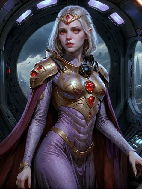 picture of girl  pale colored skin red eyes purple dress,armor,cape in spaceship interior   <lora:SDXL CHA CassiaXL:0.8> cassiart
<lora:SDXL ST paint LaxpeintXL-2.0:1> digital painting