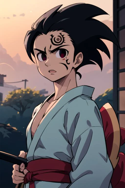 masterpiece, best quality, high quality, 1boy, solo, male focus, looking at viewer, upper body, <lora:zeldris_nanatsu_no_taizai:0.76>, zeldris_nanatsu_no_taizai, , tattoo, facial mark, weapon, yukata