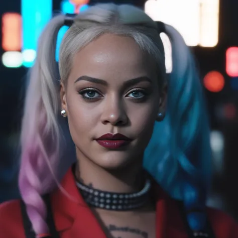 photo of ohwx woman as harley quinn, in the movie Suicide Squad, dyed hair, highly detailed, cinematic look, city at night, cinematic, <lora:Rhianna:1>