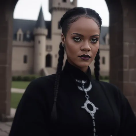 photo of (ohwx woman) as Wednesday Adamas, wearing gothic clothes, braided pigtails, in a castle, sharp focus, looking at the camera, makeup, cinematic look, <lora:Rhianna:1>