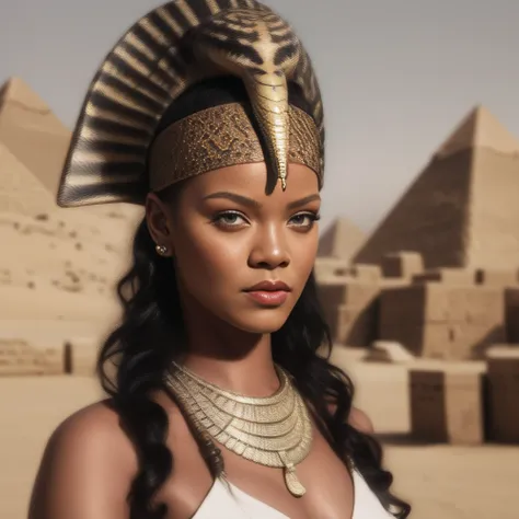 Photo of (ohwx woman) <lora:Rhianna:1> as an Egyptian queen, serpent headdress, golden serpent jewelry. pyramids, Egypt