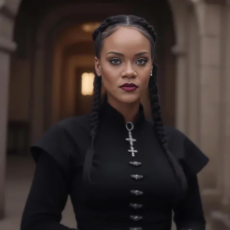 photo of (ohwx woman) as Wednesday Adamas, wearing gothic clothes, braided pigtails, in a castle, sharp focus, looking at the camera, makeup, cinematic look, <lora:Rhianna:1>