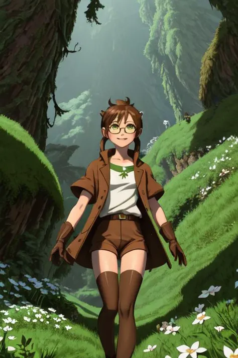 masterpiece, best quality, ultra-detailed, illustration, cinematic composition, abyss style, grass, white flower, moss, 1girl, solo, riko (made_in_abyss), gloves, glasses, red whistle around neck, brown coat, short sleeves, brown overcoat, (brown shorts:1.4), (dark blue leggings:1.1), green eyes, long twintails, smile, walking in the deep forest, <lora:abyssV1.3-000010_1_BODY2:1>