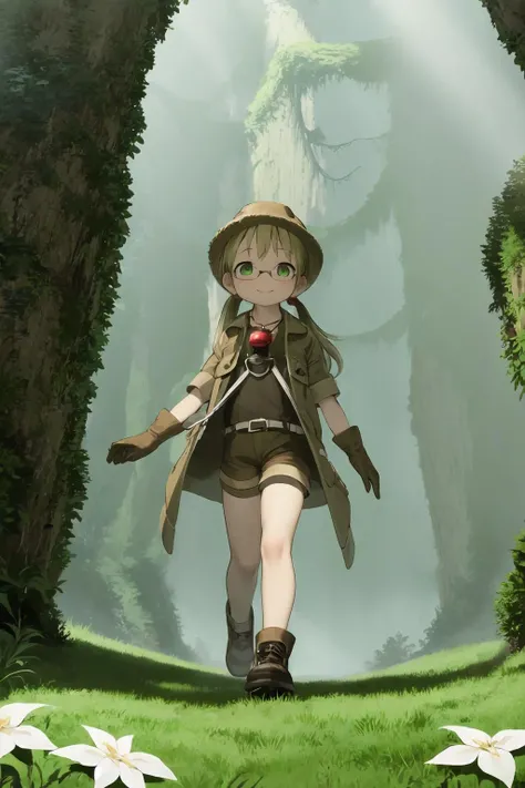 masterpiece, best quality, ultra-detailed, illustration, cinematic composition,
abyss style, grass, white flower, moss,
1girl, solo, riko (made_in_abyss), <lora:RikoMadeInAbyss0_0:1>, gloves, glasses, red whistle around neck, brown coat, short sleeves, brown overcoat, (brown shorts:1.4), (dark blue leggings:1.1), green eyes, long twintails, smile,
walking in the deep forest,
<lora:abyssV1.3-000010_1_BODY2:1>,