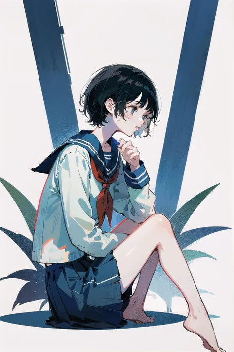 blue theme,Ultramarine, 1girl, solo, school uniform, short hair, serafuku, skirt, barefoot, sitting, flower, shoes, white background, sailor collar, neckerchief, long sleeves, black hair, white shirt, shirt, from side, pleated skirt, blue skirt, red neckerchief <lora:Ultramarine-pynoise-loha-16:1>