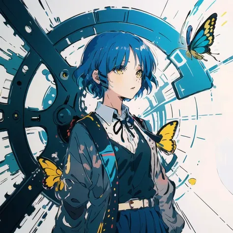 masterpiece, ultra-high quality,( ultra detailed original illustration),( 1girl, upper body), blue hair, short hair, school uniform, double exposure, fussion of fluid abstract art, glitch,( 2d),( original illustration composition),( fusion of limited color, maximalism artstyle, geometric artstyle, butterflies, junk art)<lora:Ultramarine2-noise-loha-16:1>blue theme,Ultramarine,, <lora:009-yamadaryou-6-10-32-32:1>, (yellow eyes)