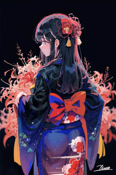 blue theme,Ultramarine,1girl, flower, spider lily, solo, black hair, red flower, long hair, from behind, black background, red nails, japanese clothes, kimono, facing away, signature, self hug, nail polish, simple background, black kimono, floral print, sash, crossed arms, see-through, print kimono, long sleeves, light particles,  obi, cowboy shot, nape <lora:Ultramarine2-noise-loha-16:1>