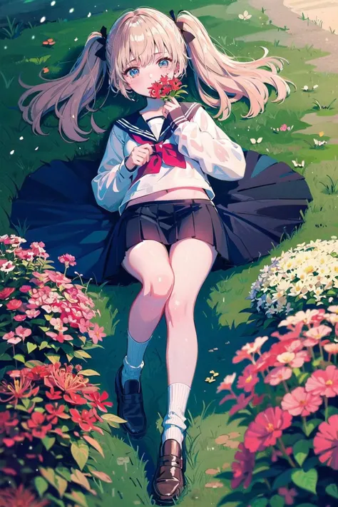 1girl, spider lily, solo, flower, skirt, red flower, long hair, black skirt, lying, long sleeves, on back, holding flower, pleated skirt, socks, school uniform, white socks, serafuku, holding, bangs, shirt, blue eyes, looking at viewer, white shirt, blush, hair bow, sailor collar, kneehighs, loafers, black sailor collar, string of fate, covered mouth, blonde hair, two side up, black bow, bow, shoes, knee up, outdoors, sleeves past wrists, string, brown footwear, flower field, small breasts, breasts, twintails, on grass, (masterpiece,best quality),<lora:Ultramarine2-noise-loha-16:1>blue theme,Ultramarine,