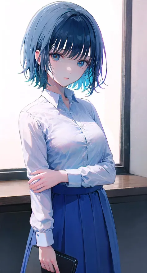 Ultramarine, 1girl, solo, looking at viewer, shirt, short hair, collared shirt, white shirt, skirt, blue hair, bangs<lora:Ultramarine2-noise-loha-16:1>