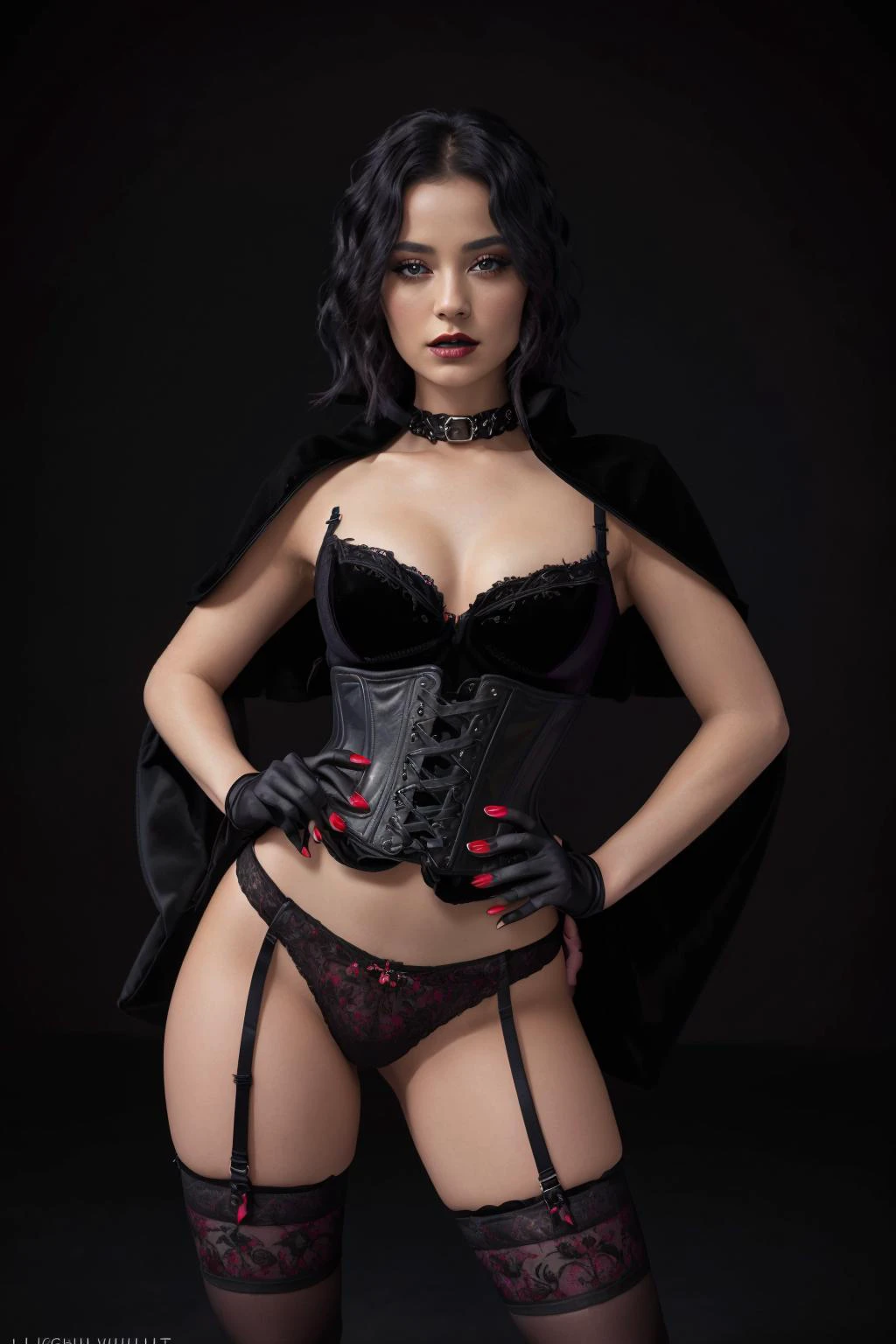 1girl, <lora:edgBlackVelvetv1:1> edgBlackVelvet, costume , lingerie, velvet, wearing edgBlackVelvet fashion, studio lighting, photo studio, 4k, UHD, masterpiece, Hasselblad photography