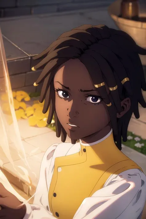 castlevaniaannette, <lora:castlevaniaannette-lora-nochekaiser:1>,
castlevaniaannette, short hair, black hair, dark skin, (black eyes:1.5), dark-skinned female, very dark skin, dreadlocks,
BREAK shirt, long sleeves, white shirt, belt, pants, vest, black pants, yellow vest,
BREAK looking at viewer, upper body, full body,
BREAK outdoors, night, sky,
BREAK <lyco:GoodHands-beta2:1>, (masterpiece:1.2), best quality, high resolution, unity 8k wallpaper, (illustration:0.8), (beautiful detailed eyes:1.6), extremely detailed face, perfect lighting, extremely detailed CG, (perfect hands, perfect anatomy),