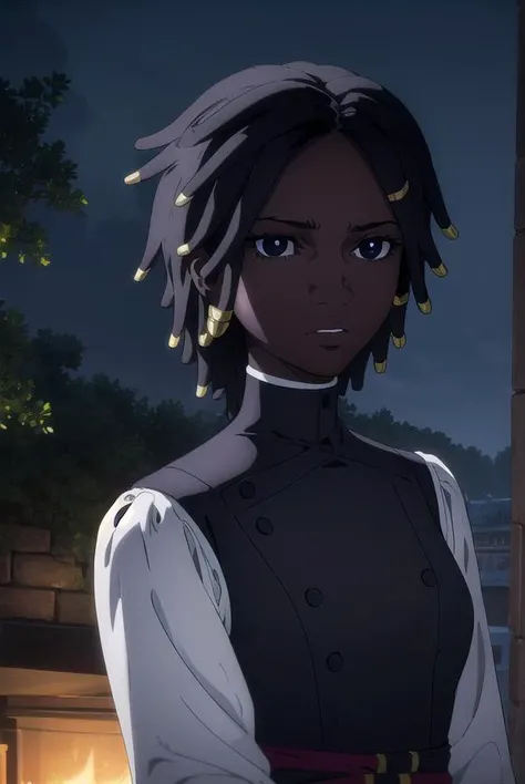 castlevaniaannette, <lora:castlevaniaannette-lora-nochekaiser:1>,
castlevaniaannette, short hair, black hair, dark skin, (black eyes:1.5), dark-skinned female, very dark skin, dreadlocks,
BREAK shirt, long sleeves, white shirt, belt, pants, vest, black pants, yellow vest,
BREAK looking at viewer, upper body, full body,
BREAK outdoors, night, sky,
BREAK <lyco:GoodHands-beta2:1>, (masterpiece:1.2), best quality, high resolution, unity 8k wallpaper, (illustration:0.8), (beautiful detailed eyes:1.6), extremely detailed face, perfect lighting, extremely detailed CG, (perfect hands, perfect anatomy),