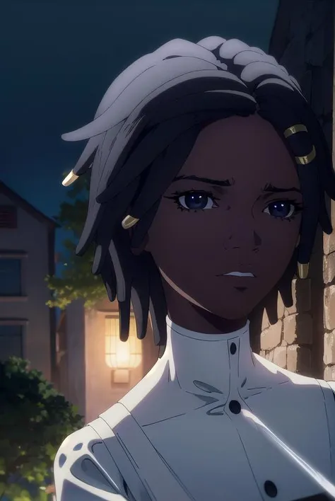 castlevaniaannette, <lora:castlevaniaannette-lora-nochekaiser:1>,
castlevaniaannette, short hair, black hair, dark skin, (black eyes:1.5), dark-skinned female, very dark skin, dreadlocks,
BREAK shirt, long sleeves, white shirt, belt, pants, vest, black pants, yellow vest,
BREAK looking at viewer, upper body, full body,
BREAK outdoors, night, sky,
BREAK <lyco:GoodHands-beta2:1>, (masterpiece:1.2), best quality, high resolution, unity 8k wallpaper, (illustration:0.8), (beautiful detailed eyes:1.6), extremely detailed face, perfect lighting, extremely detailed CG, (perfect hands, perfect anatomy),