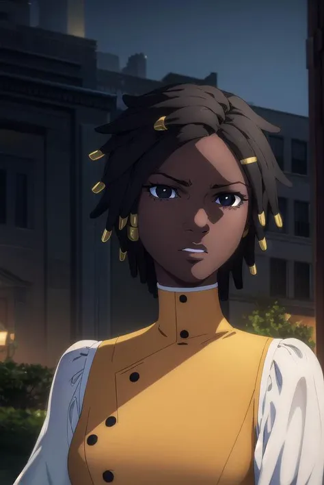 castlevaniaannette, <lora:castlevaniaannette-lora-nochekaiser:1>,
castlevaniaannette, short hair, black hair, dark skin, (black eyes:1.5), dark-skinned female, very dark skin, dreadlocks,
BREAK shirt, long sleeves, white shirt, belt, pants, vest, black pants, yellow vest,
BREAK looking at viewer, upper body, full body,
BREAK outdoors, night, sky,
BREAK <lyco:GoodHands-beta2:1>, (masterpiece:1.2), best quality, high resolution, unity 8k wallpaper, (illustration:0.8), (beautiful detailed eyes:1.6), extremely detailed face, perfect lighting, extremely detailed CG, (perfect hands, perfect anatomy),