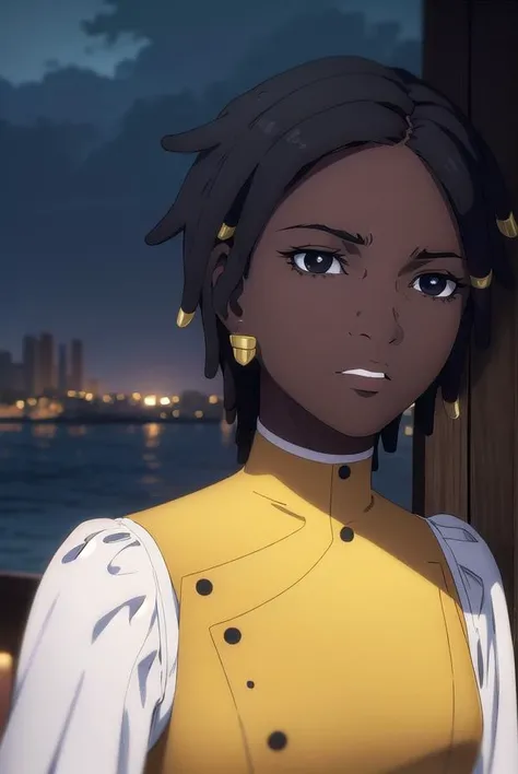 castlevaniaannette, <lora:castlevaniaannette-lora-nochekaiser:1>,
castlevaniaannette, short hair, black hair, dark skin, (black eyes:1.5), dark-skinned female, very dark skin, dreadlocks,
BREAK shirt, long sleeves, white shirt, belt, pants, vest, black pants, yellow vest,
BREAK looking at viewer, upper body, full body,
BREAK outdoors, night, sky,
BREAK <lyco:GoodHands-beta2:1>, (masterpiece:1.2), best quality, high resolution, unity 8k wallpaper, (illustration:0.8), (beautiful detailed eyes:1.6), extremely detailed face, perfect lighting, extremely detailed CG, (perfect hands, perfect anatomy),