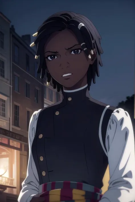 castlevaniaannette, <lora:castlevaniaannette-lora-nochekaiser:1>,
castlevaniaannette, short hair, black hair, dark skin, (black eyes:1.5), dark-skinned female, very dark skin, dreadlocks,
BREAK shirt, long sleeves, white shirt, belt, pants, vest, black pants, yellow vest,
BREAK looking at viewer, upper body, full body,
BREAK outdoors, night, sky,
BREAK <lyco:GoodHands-beta2:1>, (masterpiece:1.2), best quality, high resolution, unity 8k wallpaper, (illustration:0.8), (beautiful detailed eyes:1.6), extremely detailed face, perfect lighting, extremely detailed CG, (perfect hands, perfect anatomy),