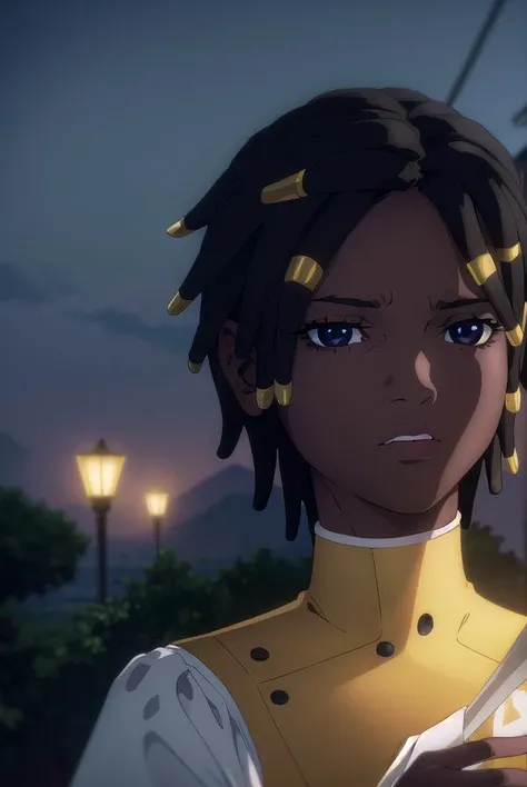 castlevaniaannette, <lora:castlevaniaannette-lora-nochekaiser:1>,
castlevaniaannette, short hair, black hair, dark skin, (black eyes:1.5), dark-skinned female, very dark skin, dreadlocks,
BREAK shirt, long sleeves, white shirt, belt, pants, vest, black pants, yellow vest,
BREAK looking at viewer, upper body, full body,
BREAK outdoors, night, sky,
BREAK <lyco:GoodHands-beta2:1>, (masterpiece:1.2), best quality, high resolution, unity 8k wallpaper, (illustration:0.8), (beautiful detailed eyes:1.6), extremely detailed face, perfect lighting, extremely detailed CG, (perfect hands, perfect anatomy),
