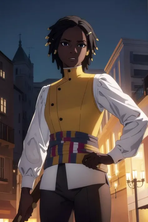castlevaniaannette, <lora:castlevaniaannette-lora-nochekaiser:1>,
castlevaniaannette, short hair, black hair, dark skin, (black eyes:1.5), dark-skinned female, very dark skin, dreadlocks,
BREAK shirt, long sleeves, white shirt, belt, pants, vest, black pants, yellow vest,
BREAK looking at viewer, upper body, full body,
BREAK outdoors, night, sky,
BREAK <lyco:GoodHands-beta2:1>, (masterpiece:1.2), best quality, high resolution, unity 8k wallpaper, (illustration:0.8), (beautiful detailed eyes:1.6), extremely detailed face, perfect lighting, extremely detailed CG, (perfect hands, perfect anatomy),